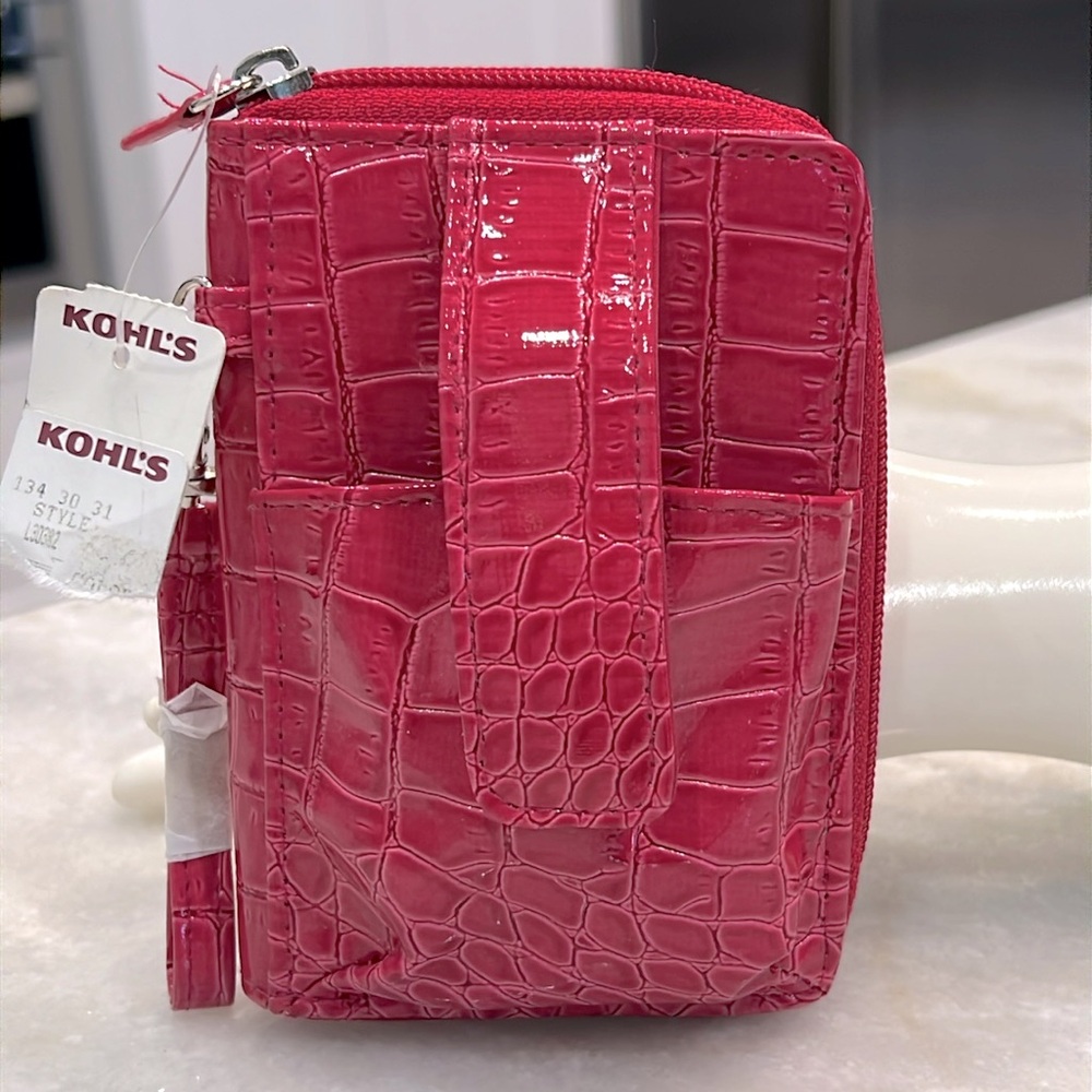 Croft & Barrow Pink/Raspberry Crocodile-Embossed Zippered Wallet Wristlet
